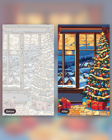 Tree by the Window paint by numbers kit, before and after