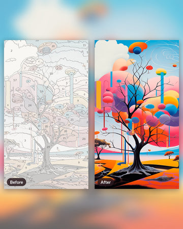 Tree of Eternal Dreams paint by numbers kit, before and after