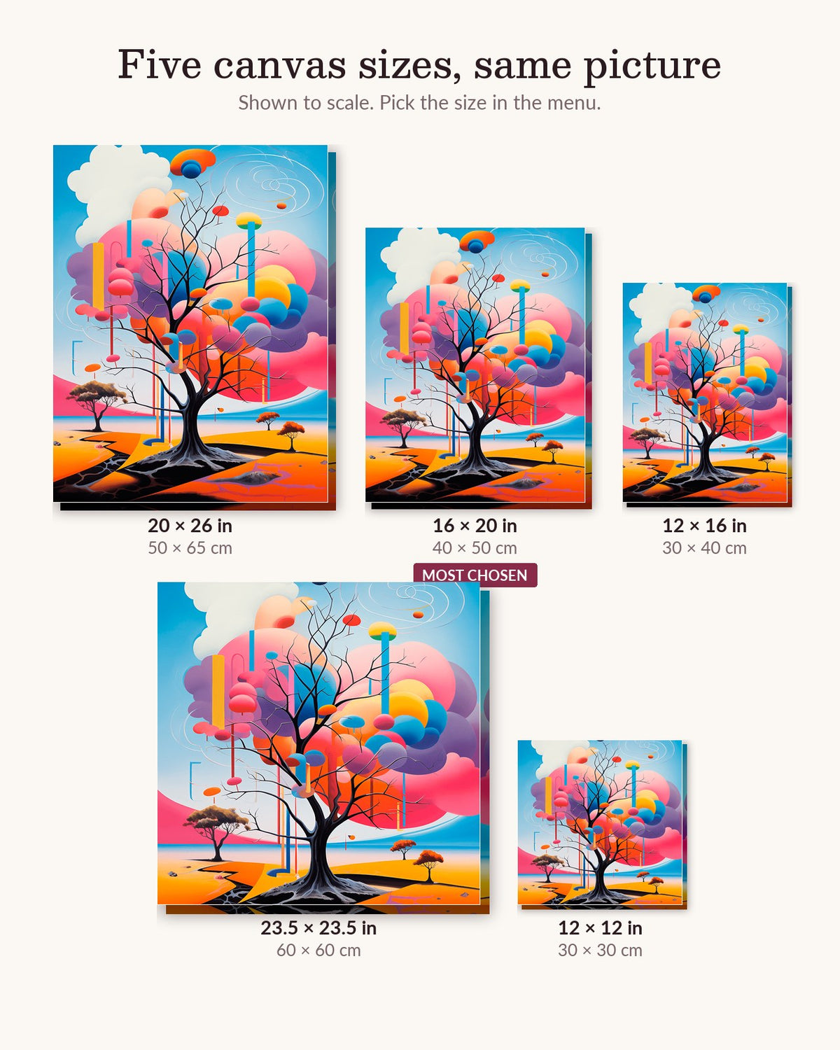 Tree of Eternal Dreams canvas sizes from 12 x 12 to 23.5 x 23.5 inches