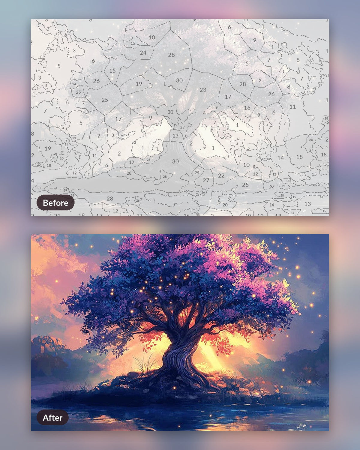 Tree of Life paint by numbers kit, before and after