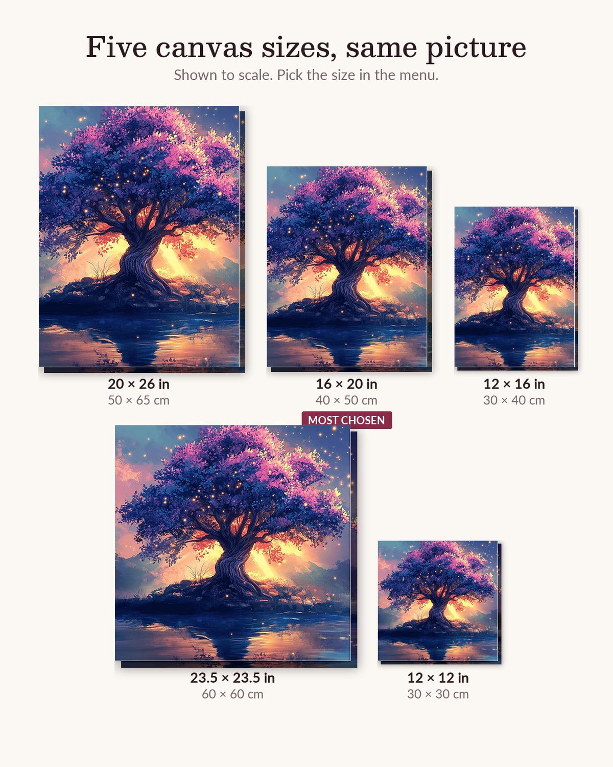 Tree of Life canvas sizes from 12 x 12 to 23.5 x 23.5 inches