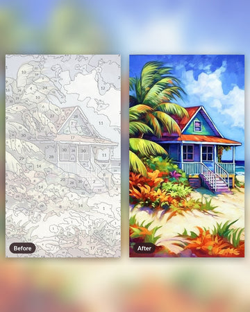 Tropical Beach House paint by numbers kit, before and after