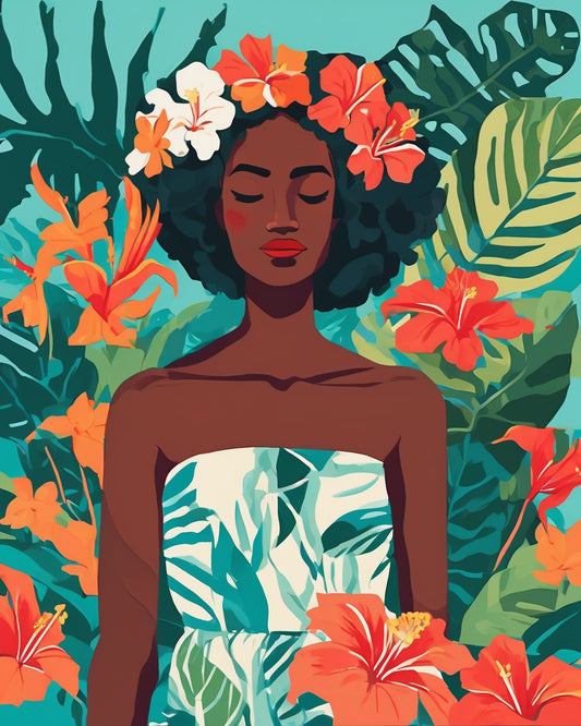 Tropical Dreamer paint by numbers kit, woman with closed eyes and a flower crown among hibiscus and monstera leaves on turquoise