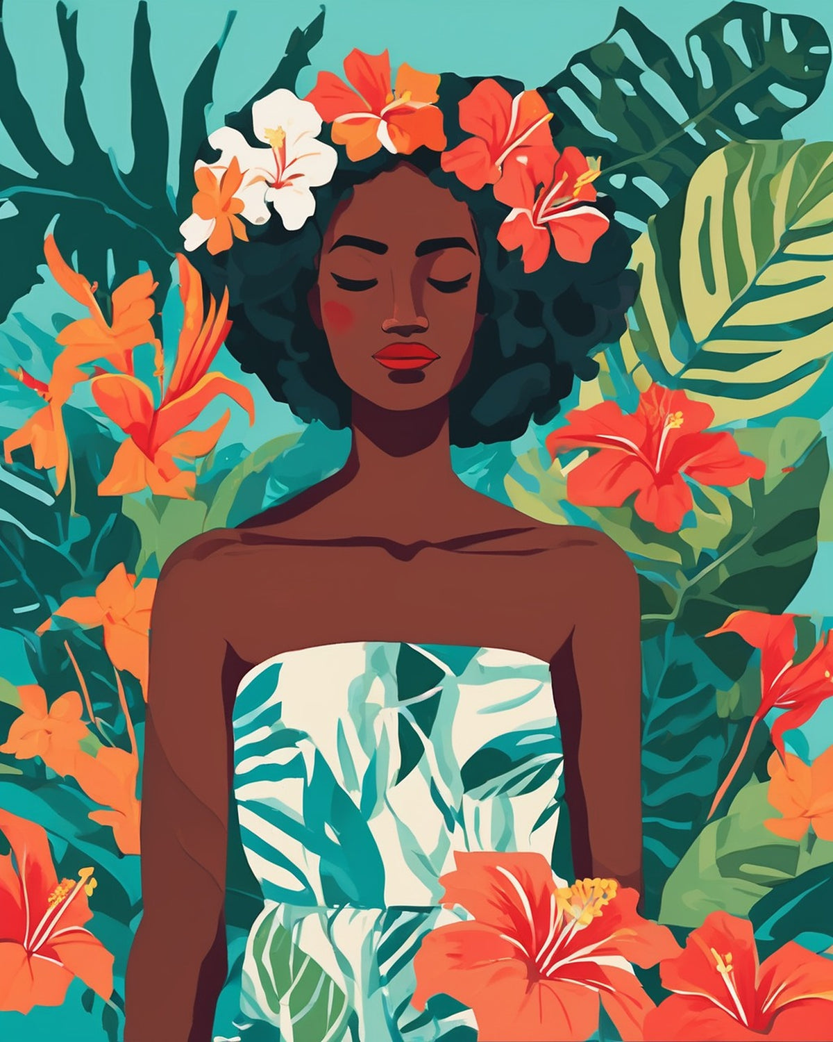 Tropical Dreamer paint by numbers kit, woman with closed eyes and a flower crown among hibiscus and monstera leaves on turquoise