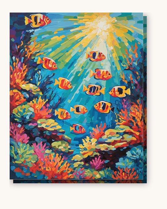 Tropical Fish and Sunlit Coral Reef paint by numbers kit on stretched canvas