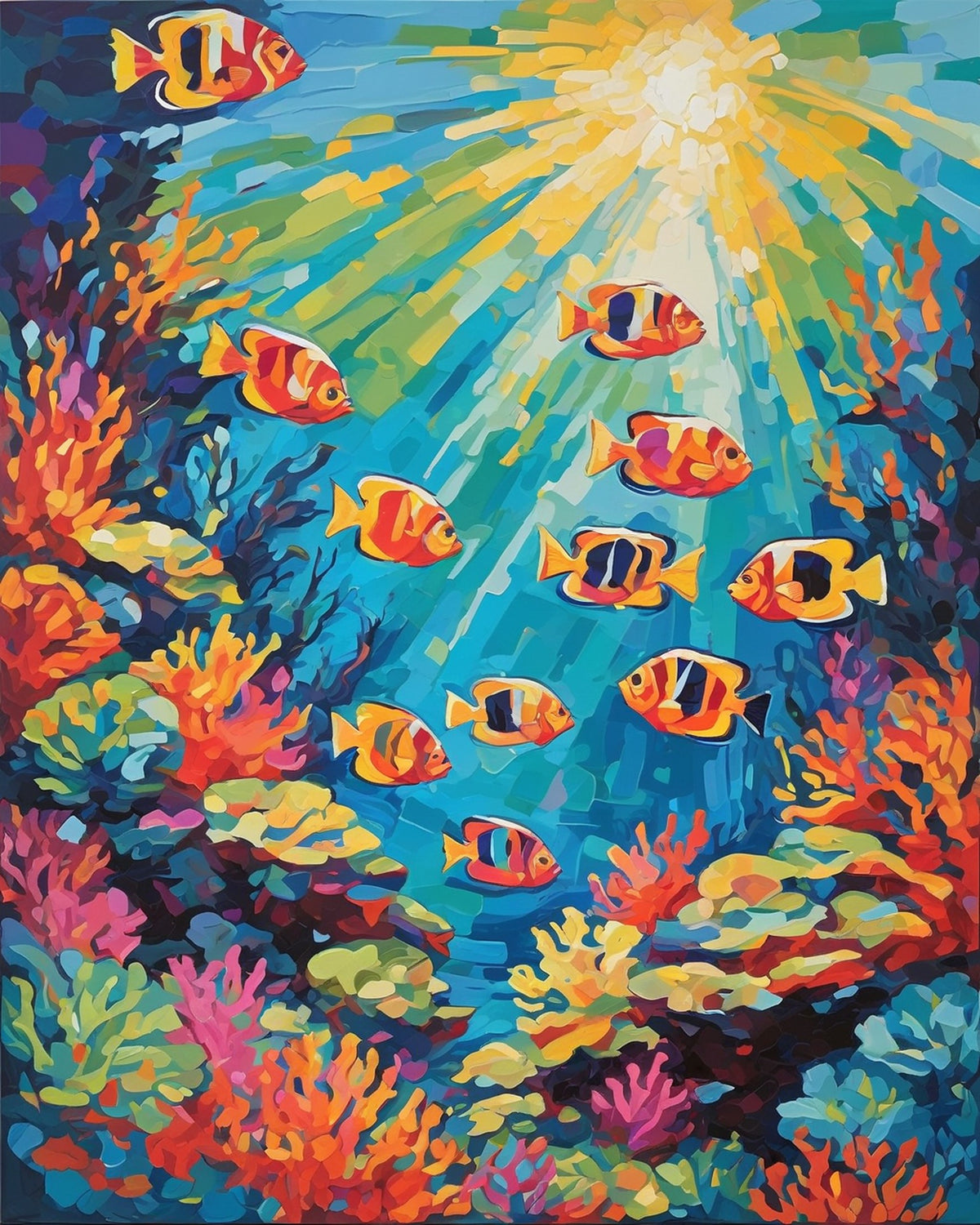 striped tropical fish swimming above a colorful coral reef with sunlight rays, paint by numbers kit