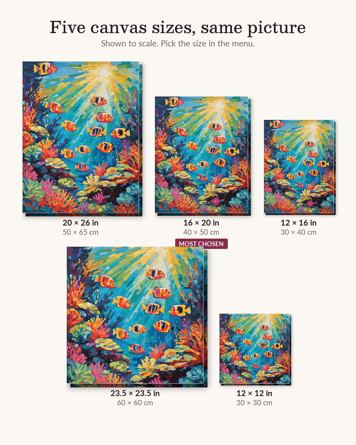 Tropical Fish and Sunlit Coral Reef canvas sizes from 12 x 12 to 23.5 x 23.5 inches