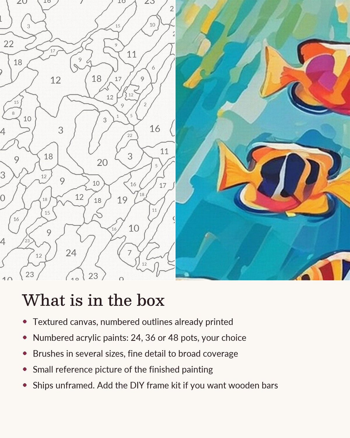 Close-up of the Tropical Fish and Sunlit Coral Reef canvas texture and printed numbers