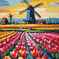 rows of red pink and yellow tulips leading to a dutch windmill and farm buildings under a blue sky, paint by numbers kit