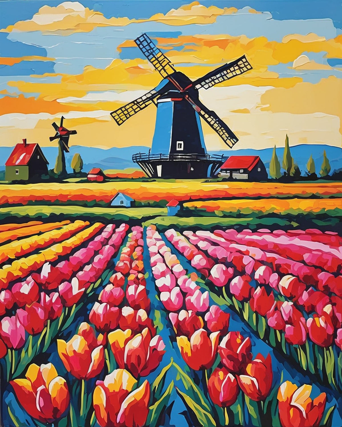 rows of red pink and yellow tulips leading to a dutch windmill and farm buildings under a blue sky, paint by numbers kit
