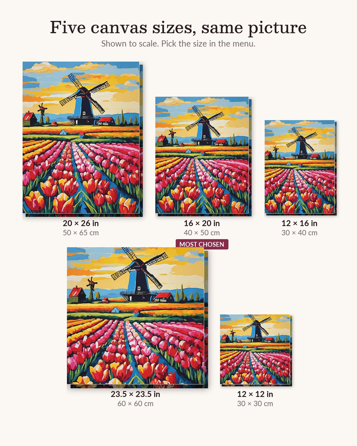 Tulip Rows Leading to a Windmill canvas sizes from 12 x 12 to 23.5 x 23.5 inches