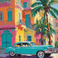 turquoise vintage car on a street with colorful buildings and palm trees, paint by numbers kit