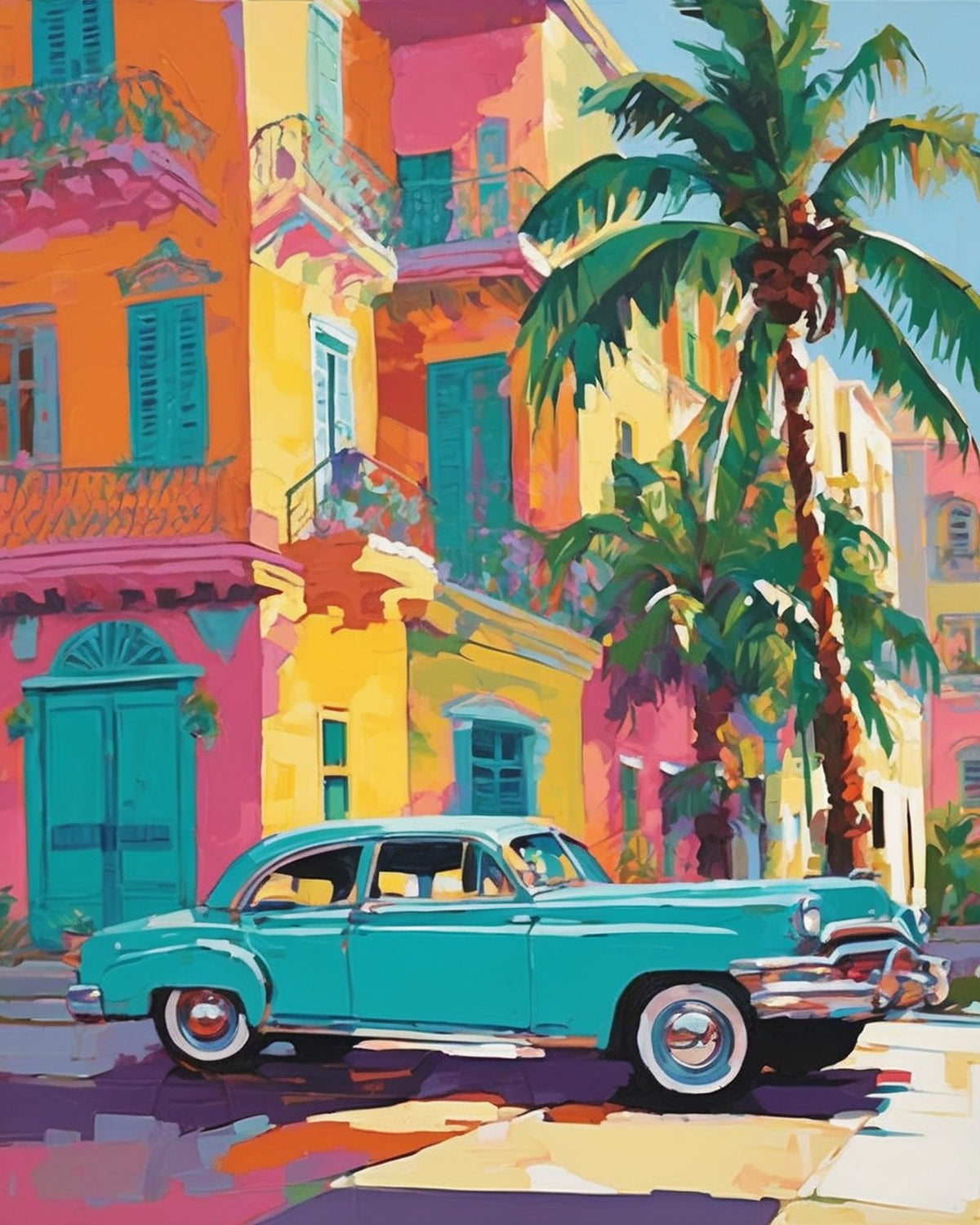 turquoise vintage car on a street with colorful buildings and palm trees, paint by numbers kit