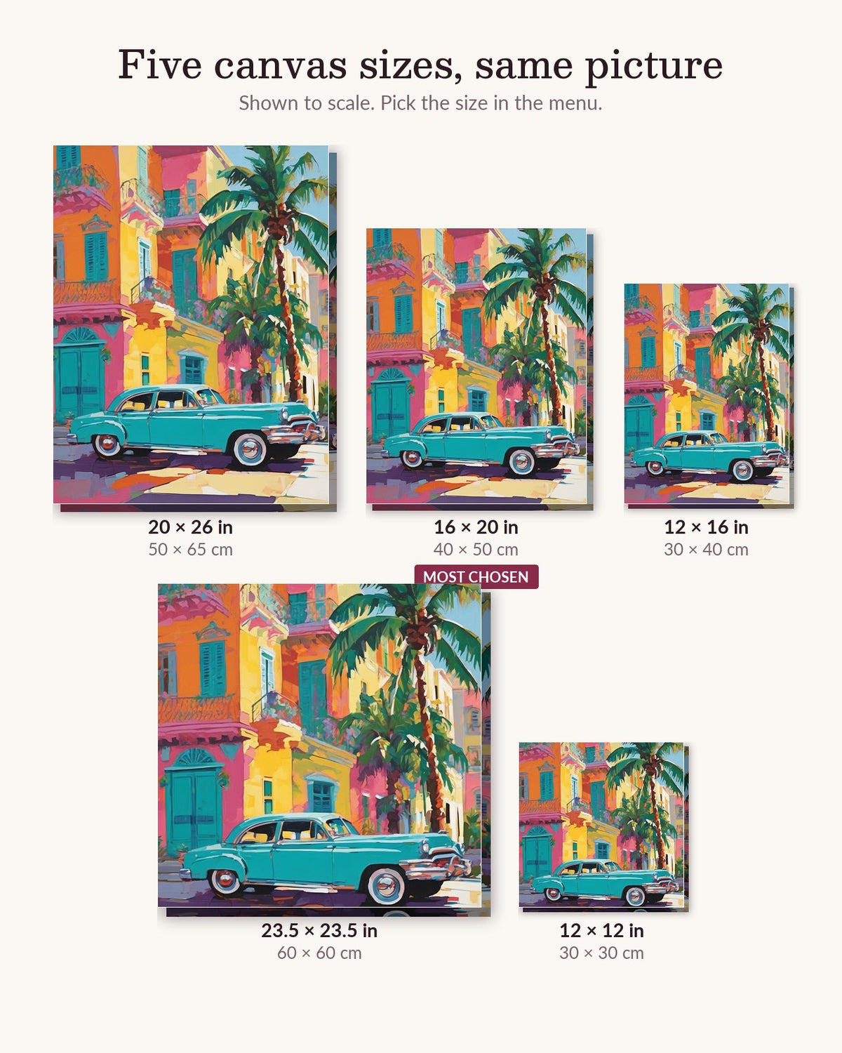 Turquoise Classic Car on a Havana Street canvas sizes from 12 x 12 to 23.5 x 23.5 inches