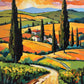 winding road with cypress trees leading to a farmhouse in golden hills at sunset, paint by numbers kit
