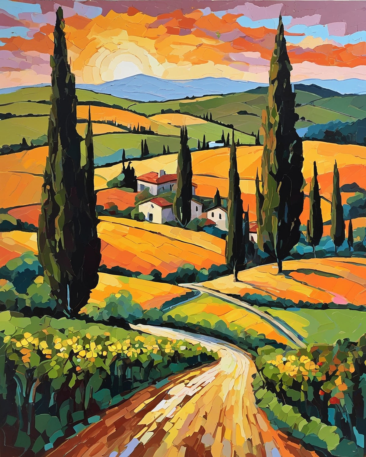 winding road with cypress trees leading to a farmhouse in golden hills at sunset, paint by numbers kit