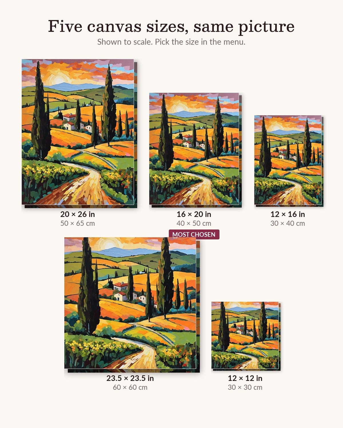 Tuscan Road Between Cypress Trees canvas sizes from 12 x 12 to 23.5 x 23.5 inches