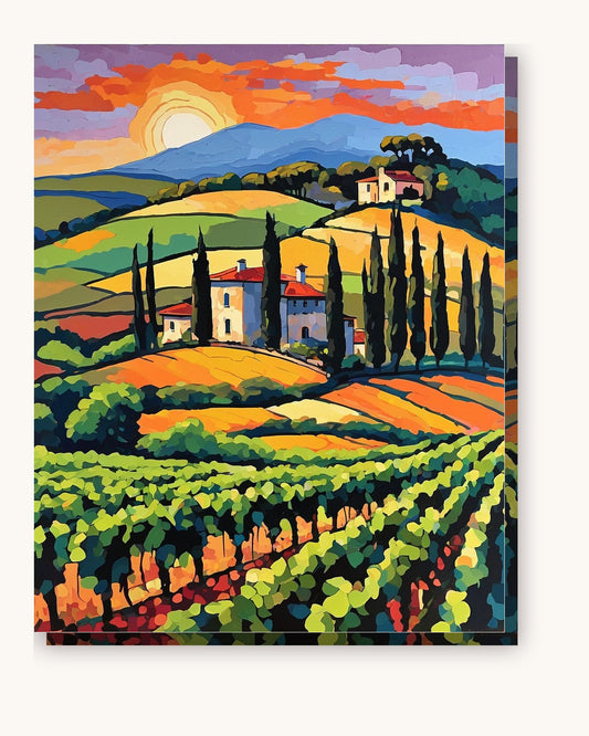 Tuscan Villa and Vineyard at Sunset paint by numbers kit on stretched canvas