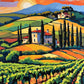 stone villa among cypress trees on hills above rows of grapevines at sunset, paint by numbers kit