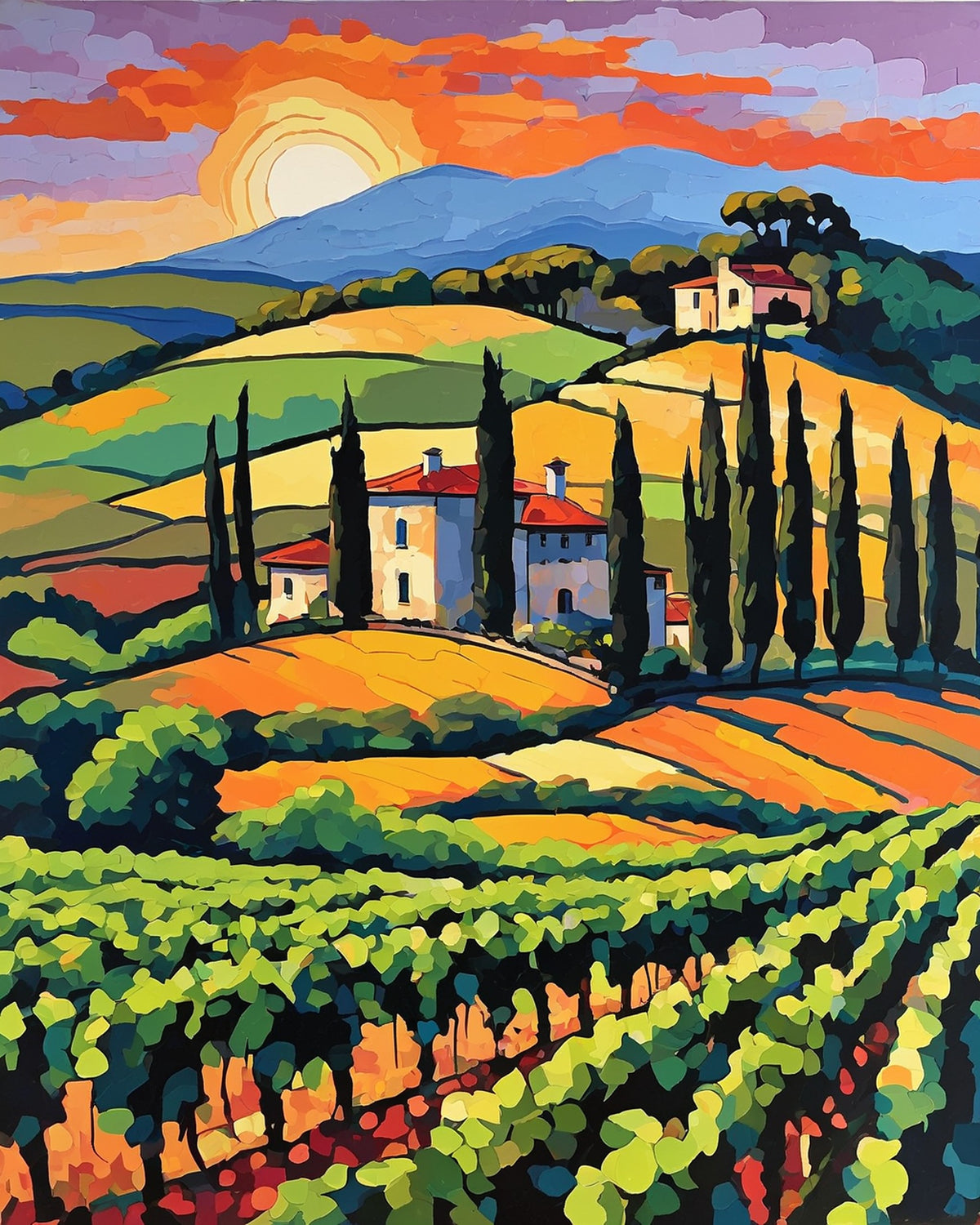 stone villa among cypress trees on hills above rows of grapevines at sunset, paint by numbers kit