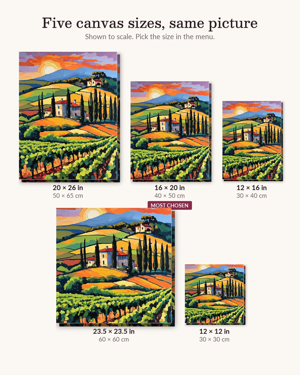 Tuscan Villa and Vineyard at Sunset canvas sizes from 12 x 12 to 23.5 x 23.5 inches