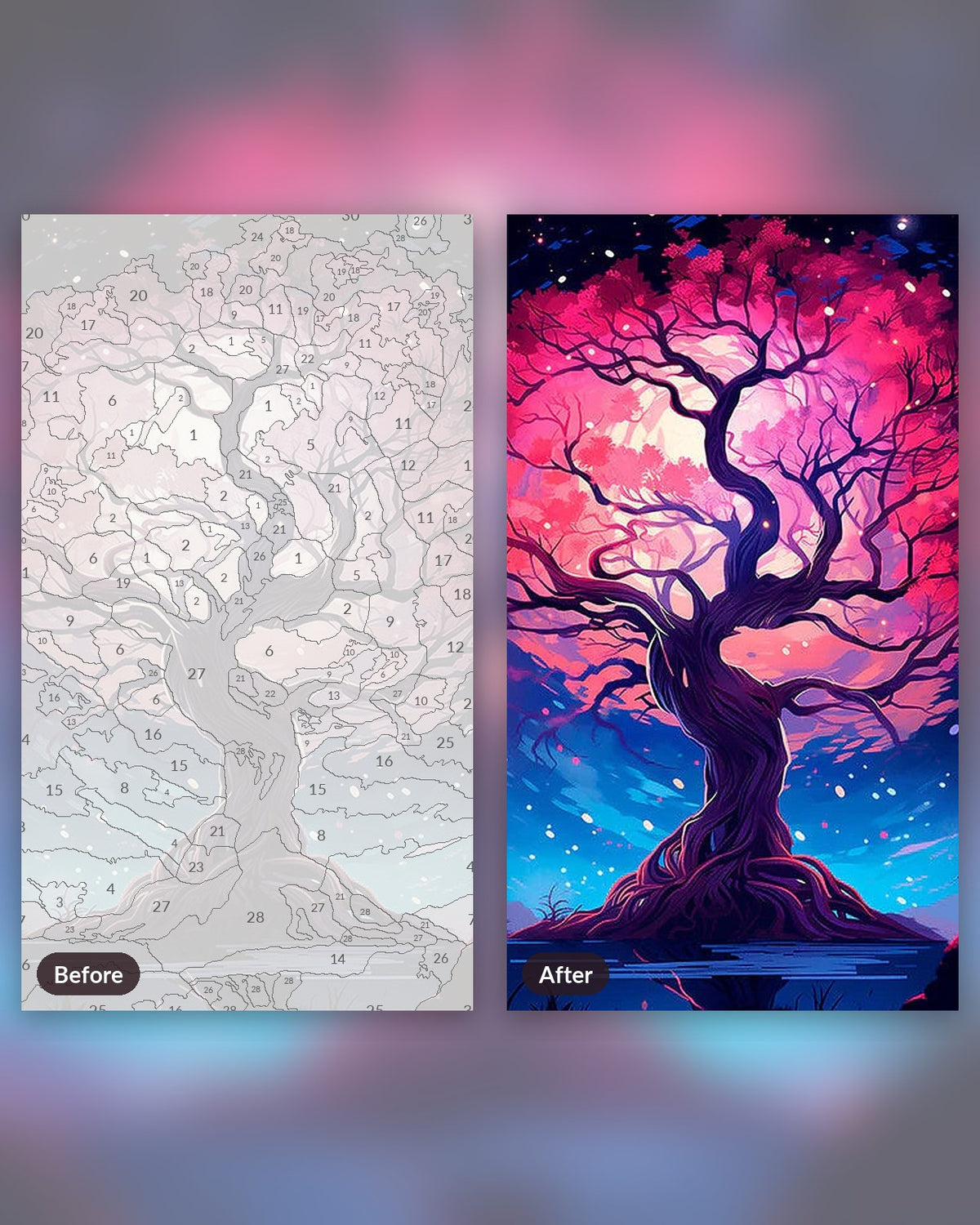 Twilight in the Trees paint by numbers kit, before and after