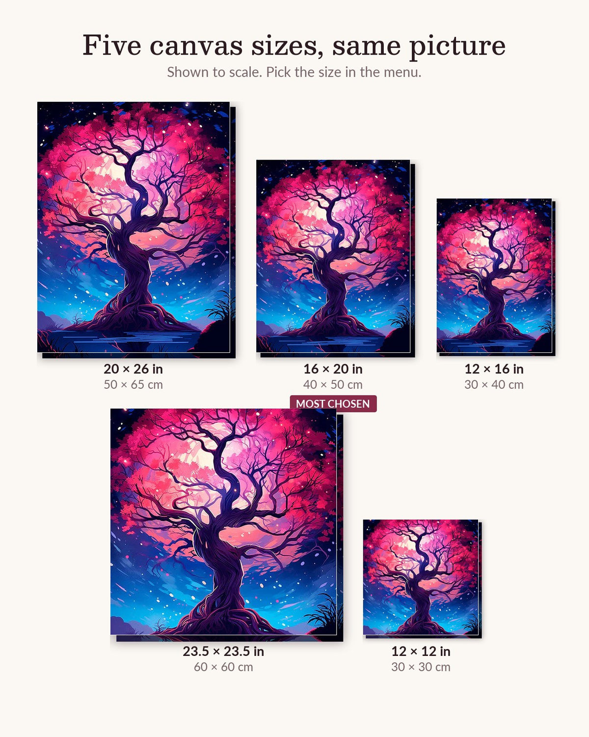 Twilight in the Trees canvas sizes from 12 x 12 to 23.5 x 23.5 inches