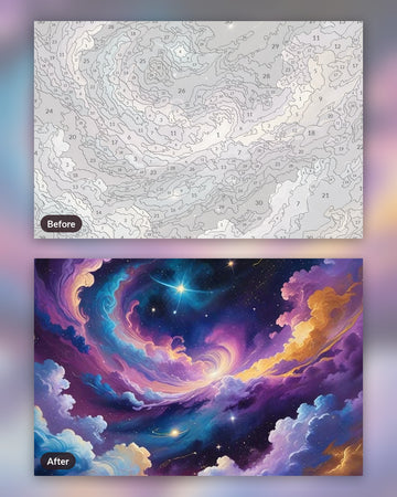 Twilight Between Clouds paint by numbers kit, before and after