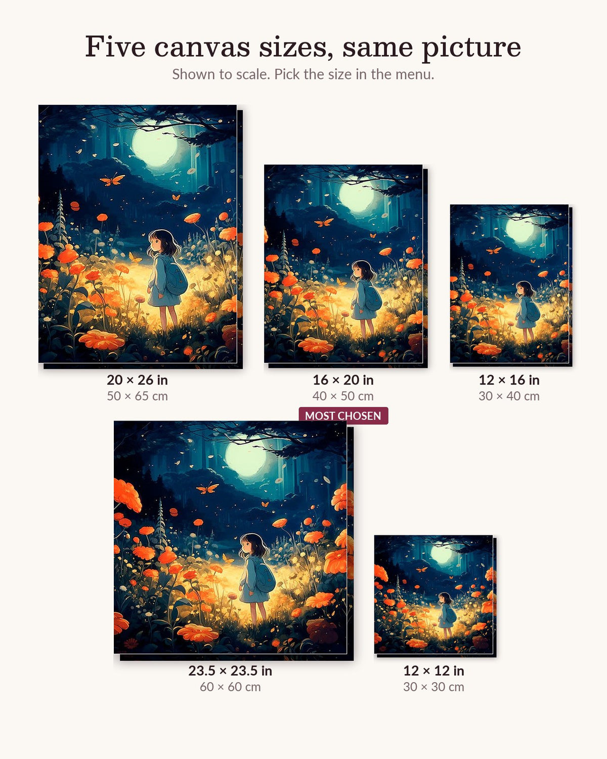 Twilight Bloom canvas sizes from 12 x 12 to 23.5 x 23.5 inches