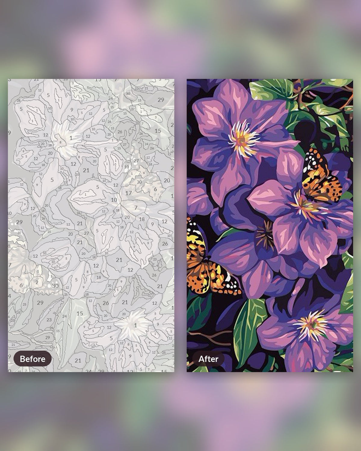 Lilac Flowers paint by numbers kit, before and after