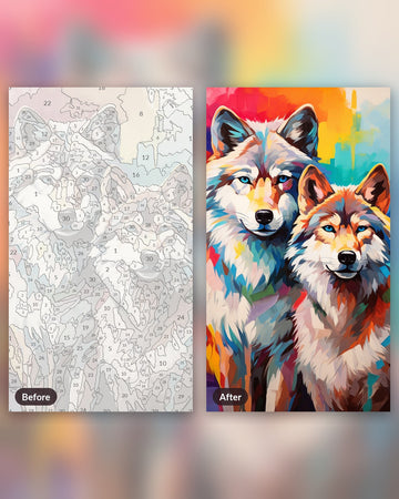 Twin Wolves paint by numbers kit, before and after