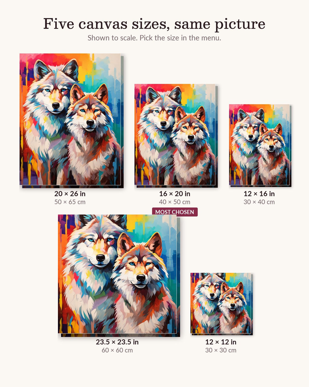 Twin Wolves canvas sizes from 12 x 12 to 23.5 x 23.5 inches