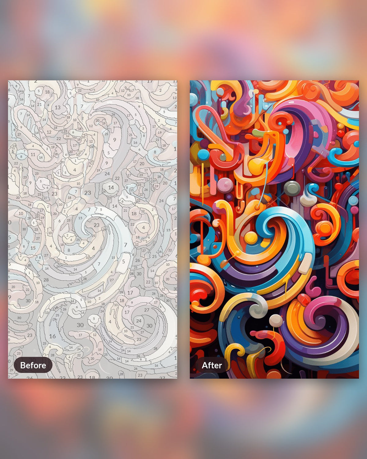 Twisting Colors paint by numbers kit, before and after