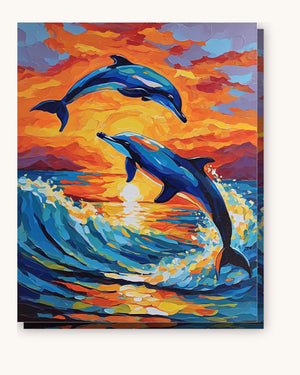Two Dolphins Leaping at Sunset paint by numbers kit on stretched canvas