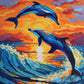 two blue dolphins jumping over a wave at sunset with orange clouds, paint by numbers kit