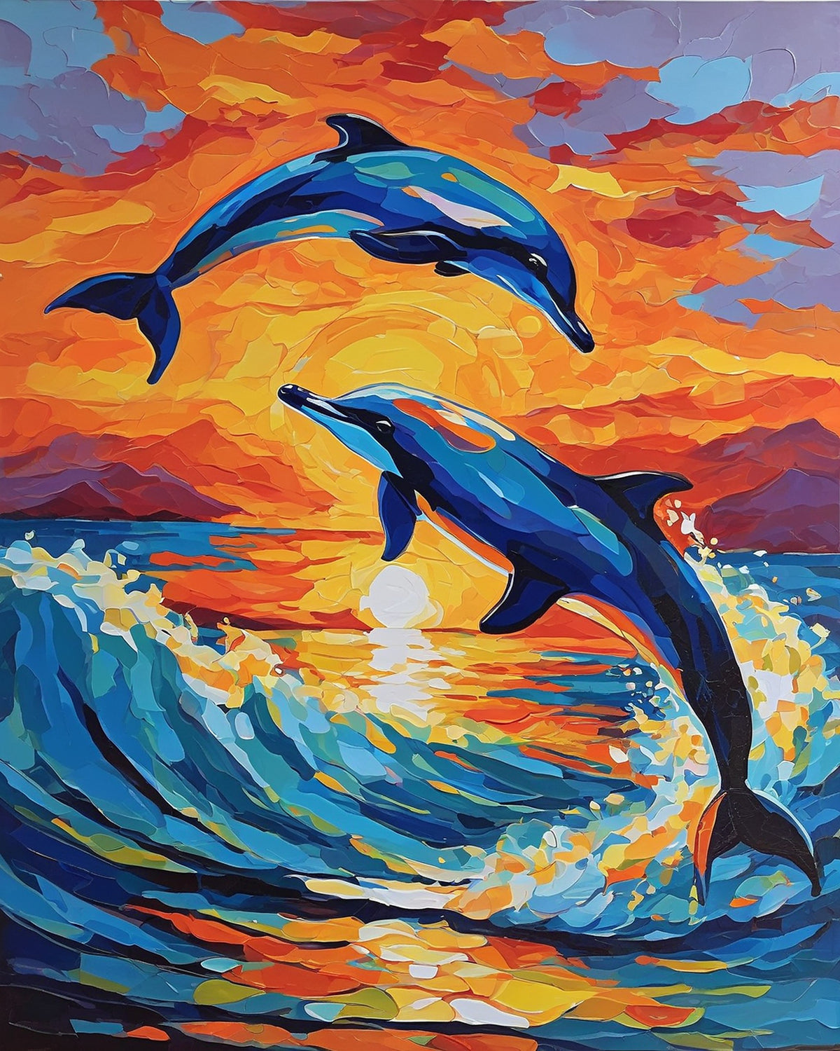 two blue dolphins jumping over a wave at sunset with orange clouds, paint by numbers kit