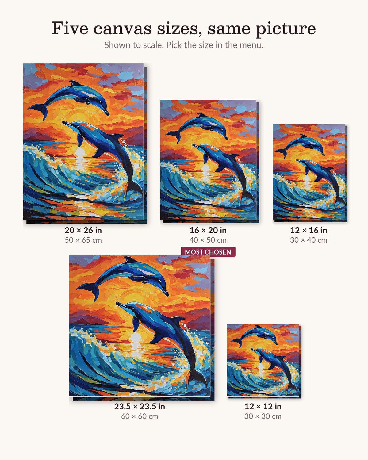 Two Dolphins Leaping at Sunset canvas sizes from 12 x 12 to 23.5 x 23.5 inches