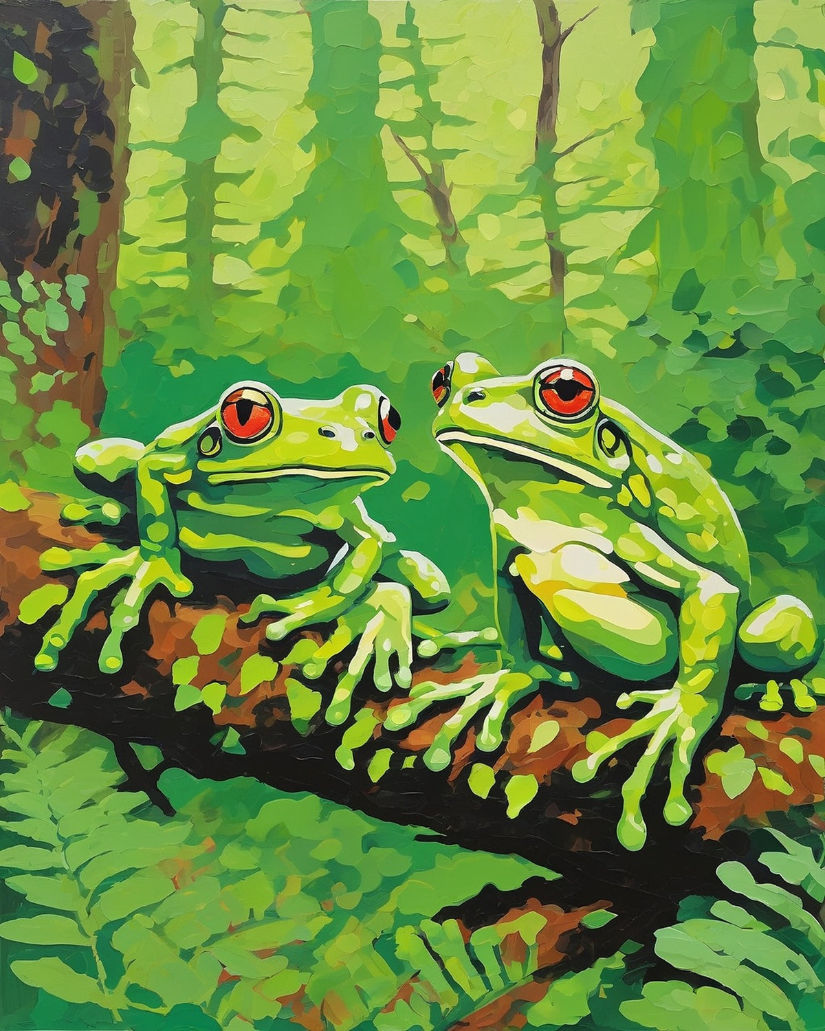 Two Frogs on a Mossy Branch paint by numbers kit, two green frogs with red eyes on a mossy branch in front of ferns and green woods