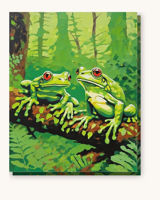 Two Frogs on a Mossy Branch paint by numbers kit on stretched canvas