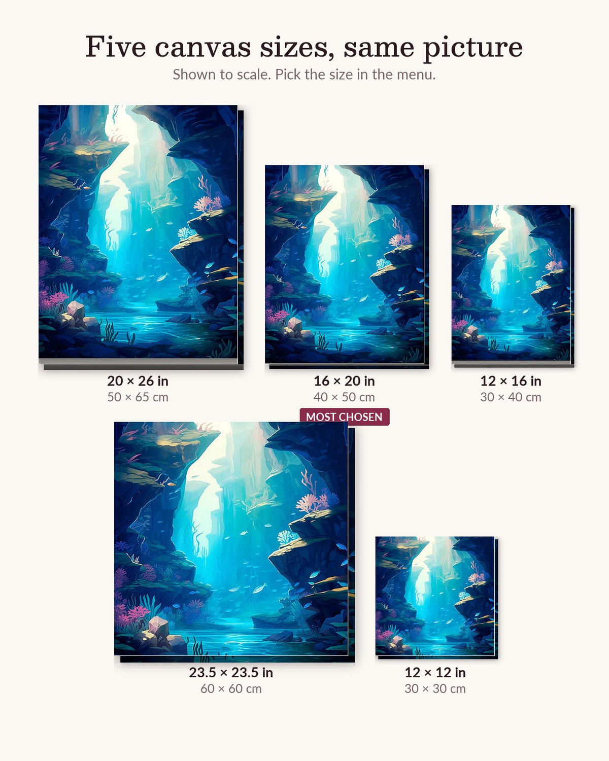 Submerged Serenity canvas sizes from 12 x 12 to 23.5 x 23.5 inches
