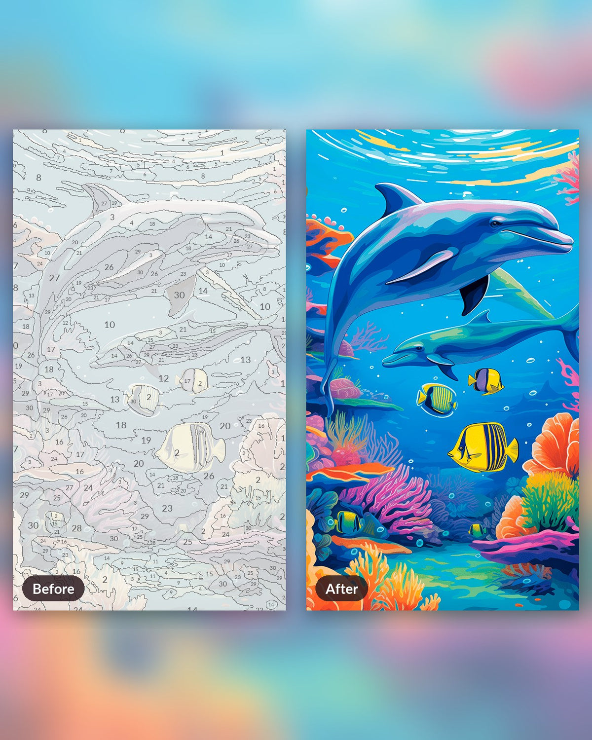 Underwater Paradise paint by numbers kit, before and after