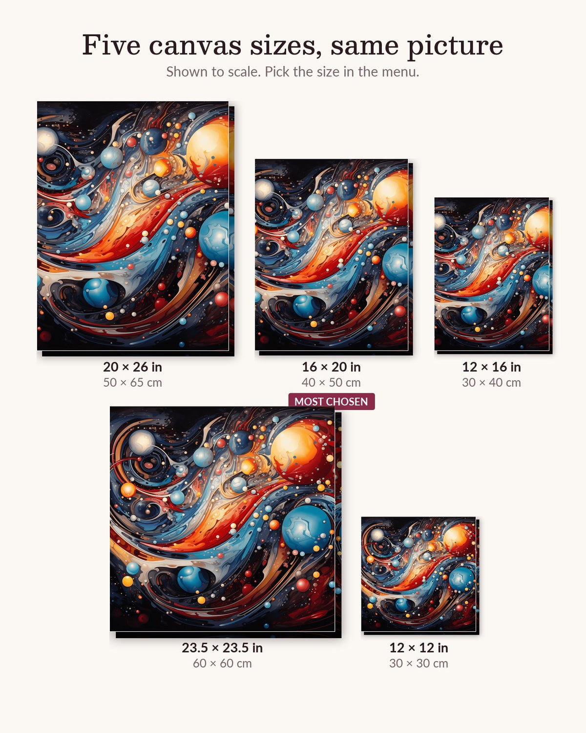 Abstract Cosmos canvas sizes from 12 x 12 to 23.5 x 23.5 inches