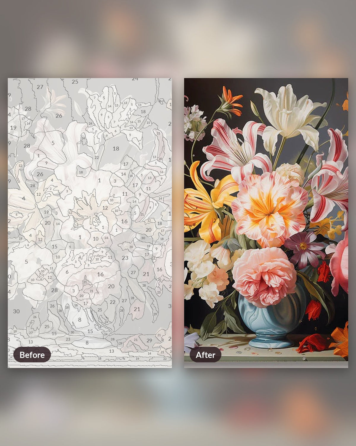 Variety Pot paint by numbers kit, before and after