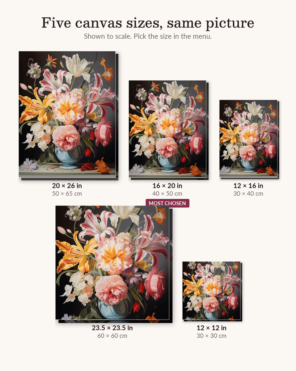 Variety Pot canvas sizes from 12 x 12 to 23.5 x 23.5 inches