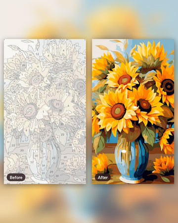 Vase of Sunflower paint by numbers kit, before and after