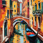 gondola on a venice canal under a brick bridge with colorful buildings, paint by numbers kit