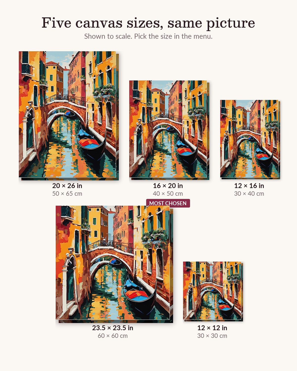 Venice Canal with Gondola canvas sizes from 12 x 12 to 23.5 x 23.5 inches