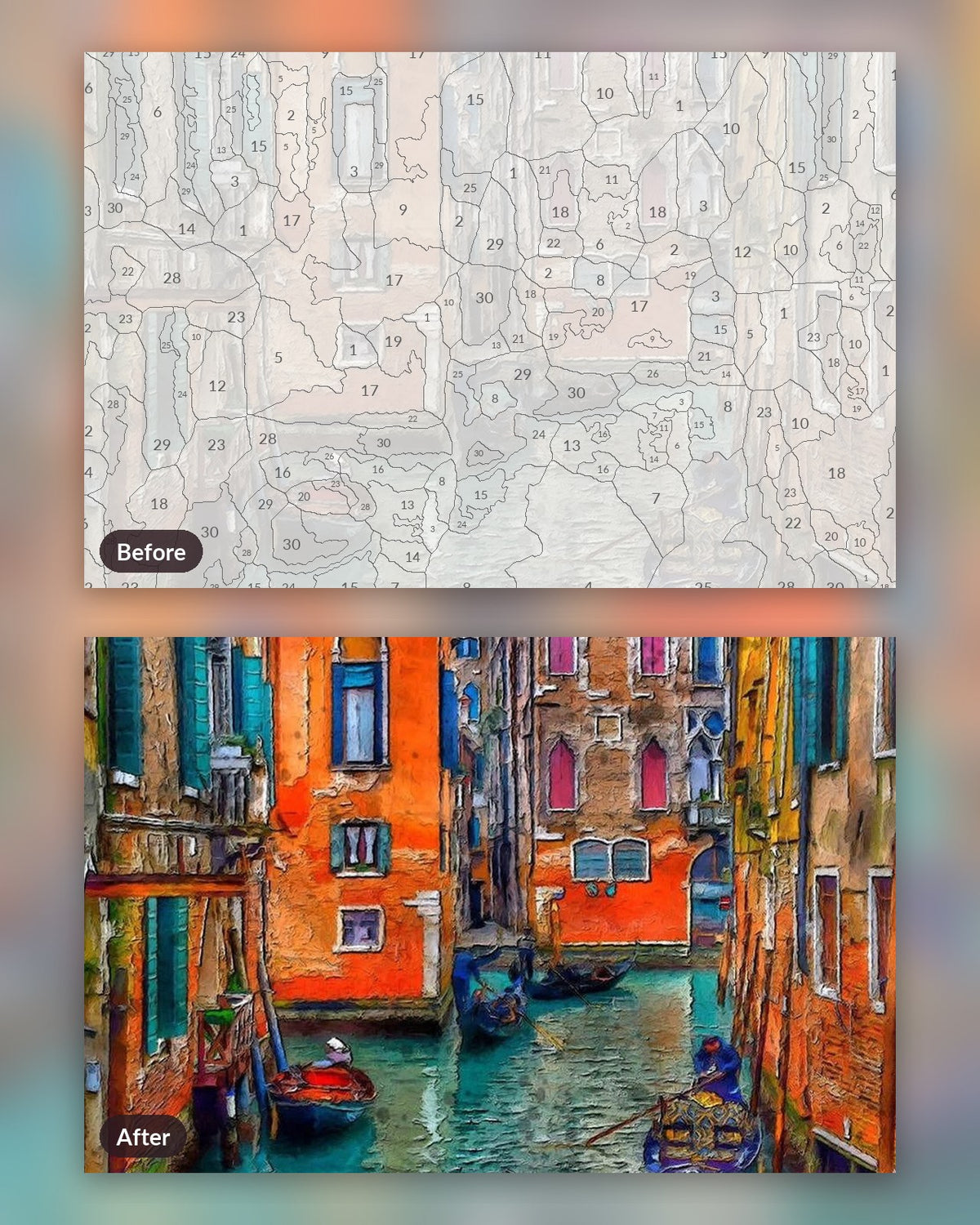 Canals of Venice paint by numbers kit, before and after