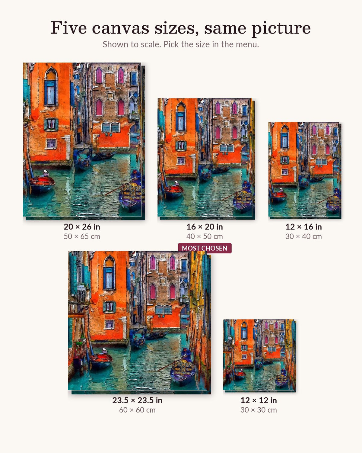 Canals of Venice canvas sizes from 12 x 12 to 23.5 x 23.5 inches