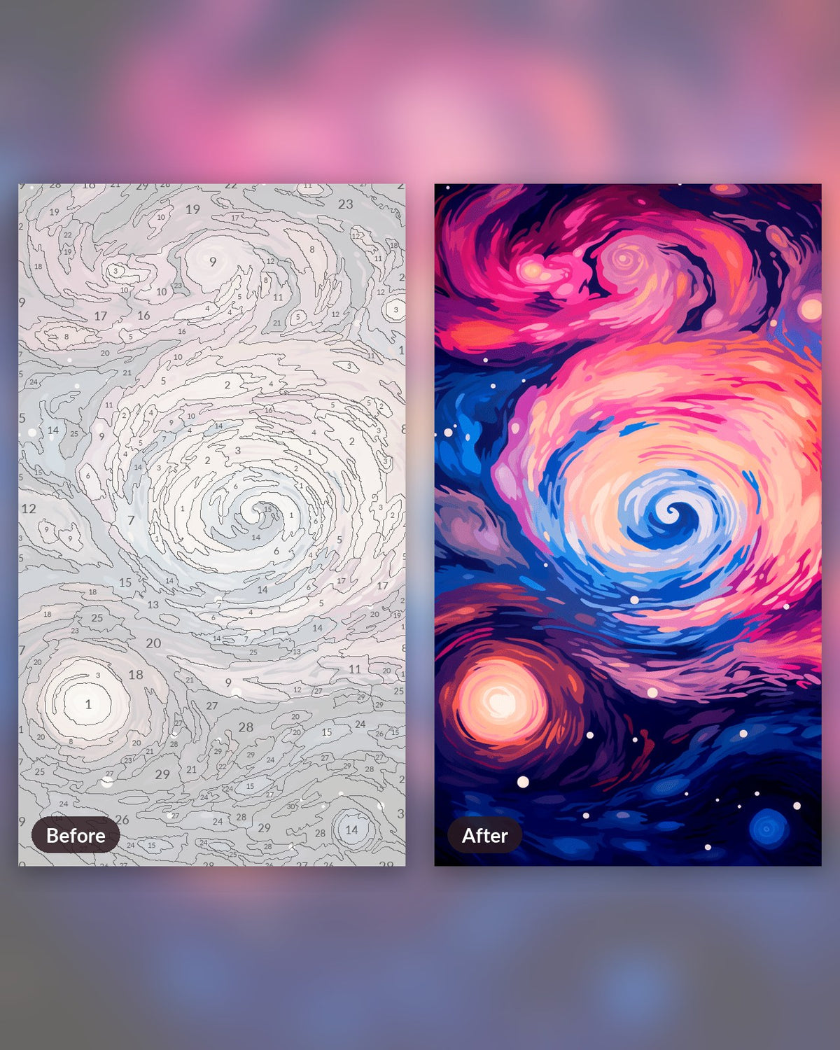 Vibrant Nebula paint by numbers kit, before and after